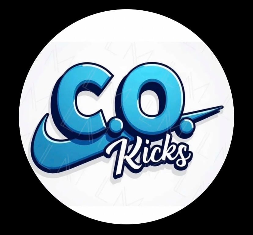 C.O. Kicks logo featuring blue stylized letters with a swoosh design and dots
